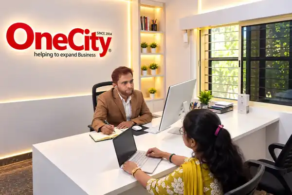 The front desk area at the OneCity Bengaluru office